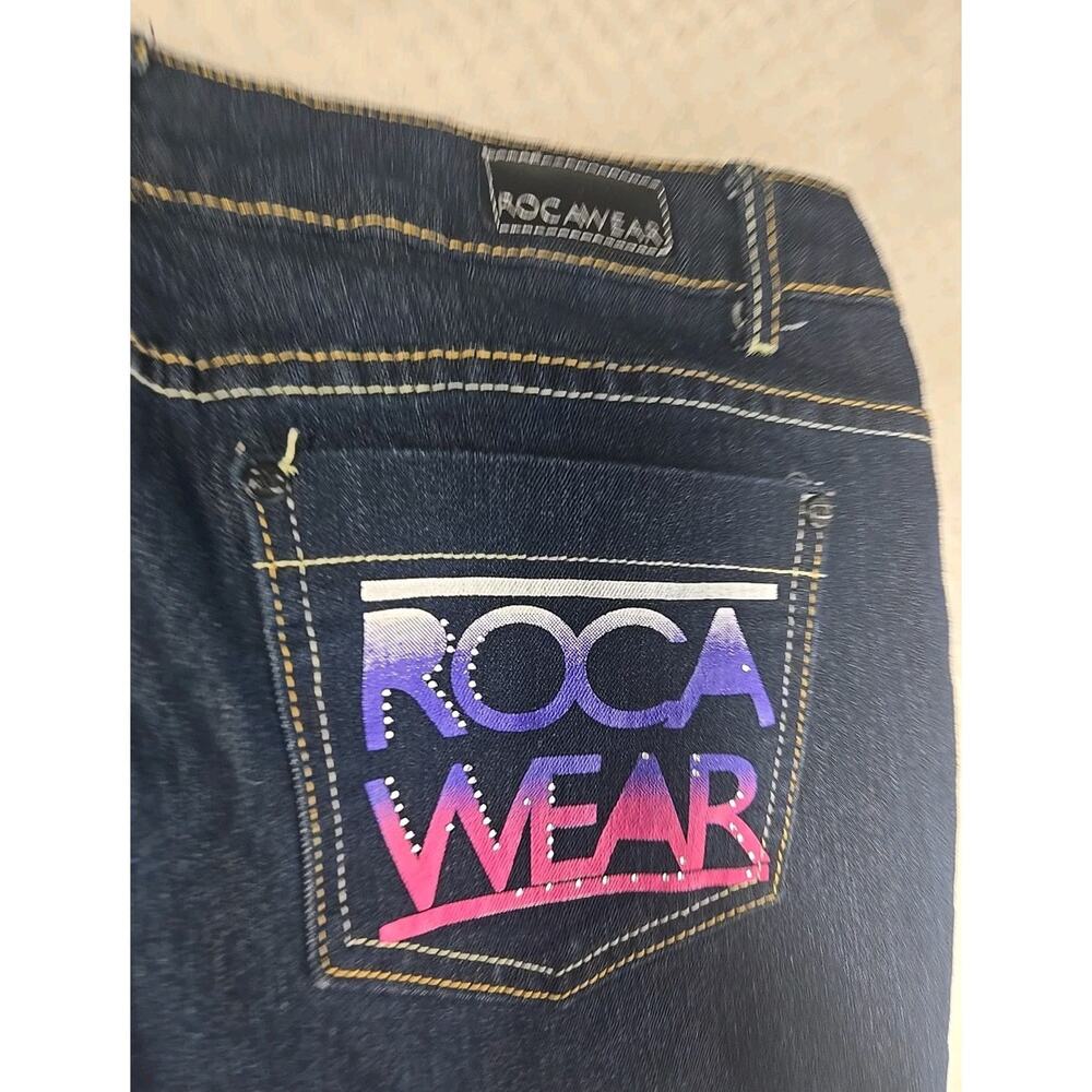 ROCAWEAR Womens Sz 13 Dark Wash Mid Rise Logo Pocket Boot Cut Jeans Y2K #052
